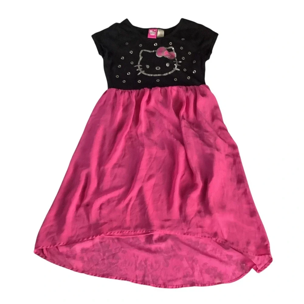 Hello Kitty Girls Dress Black Pink Hi‎ Lo Sparkle Sz L 10 12 Short Sleeve